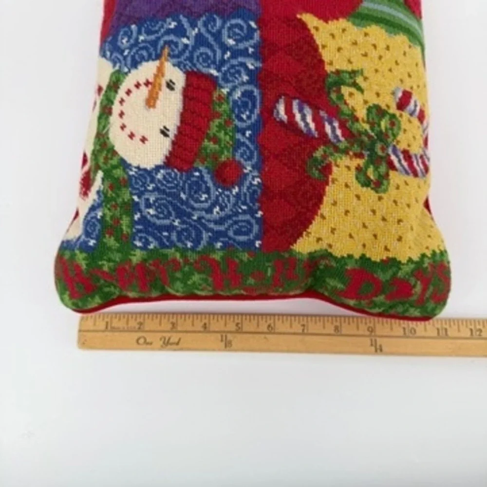Christmas Pillow Needlepoint Santa Snowman Holiday Decor Happy Holly Days‎